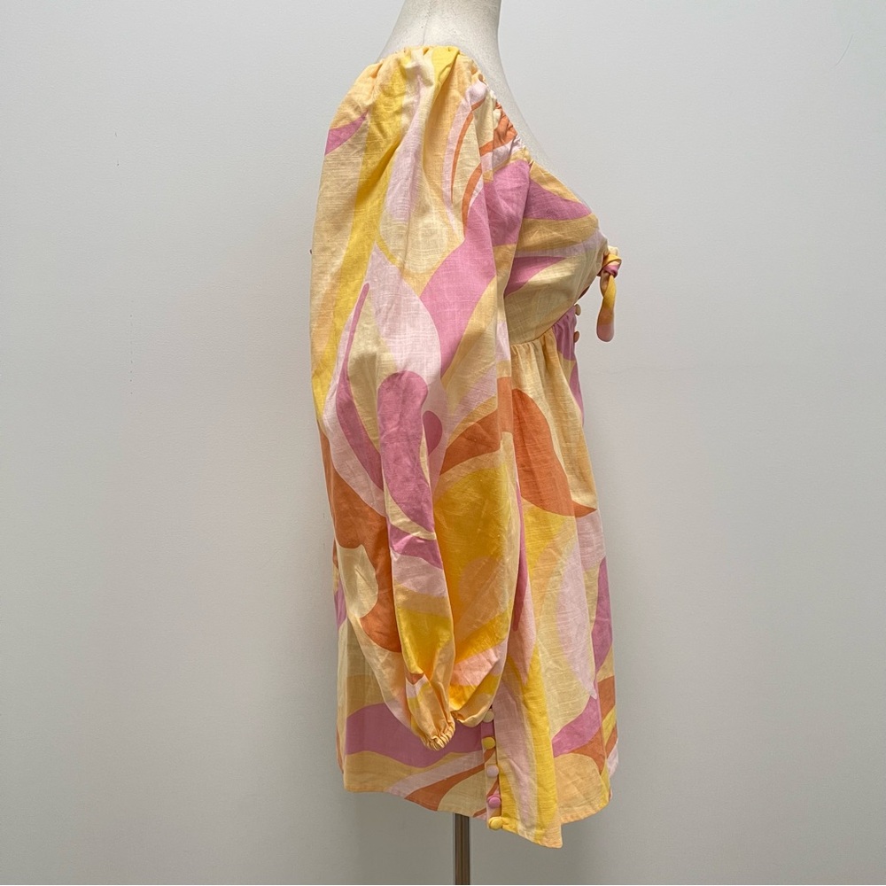 Sabo Alya Babydoll Pink Yellow Long Puff Sleeve Mini Dress Size X-Small - Picture 12 of 16